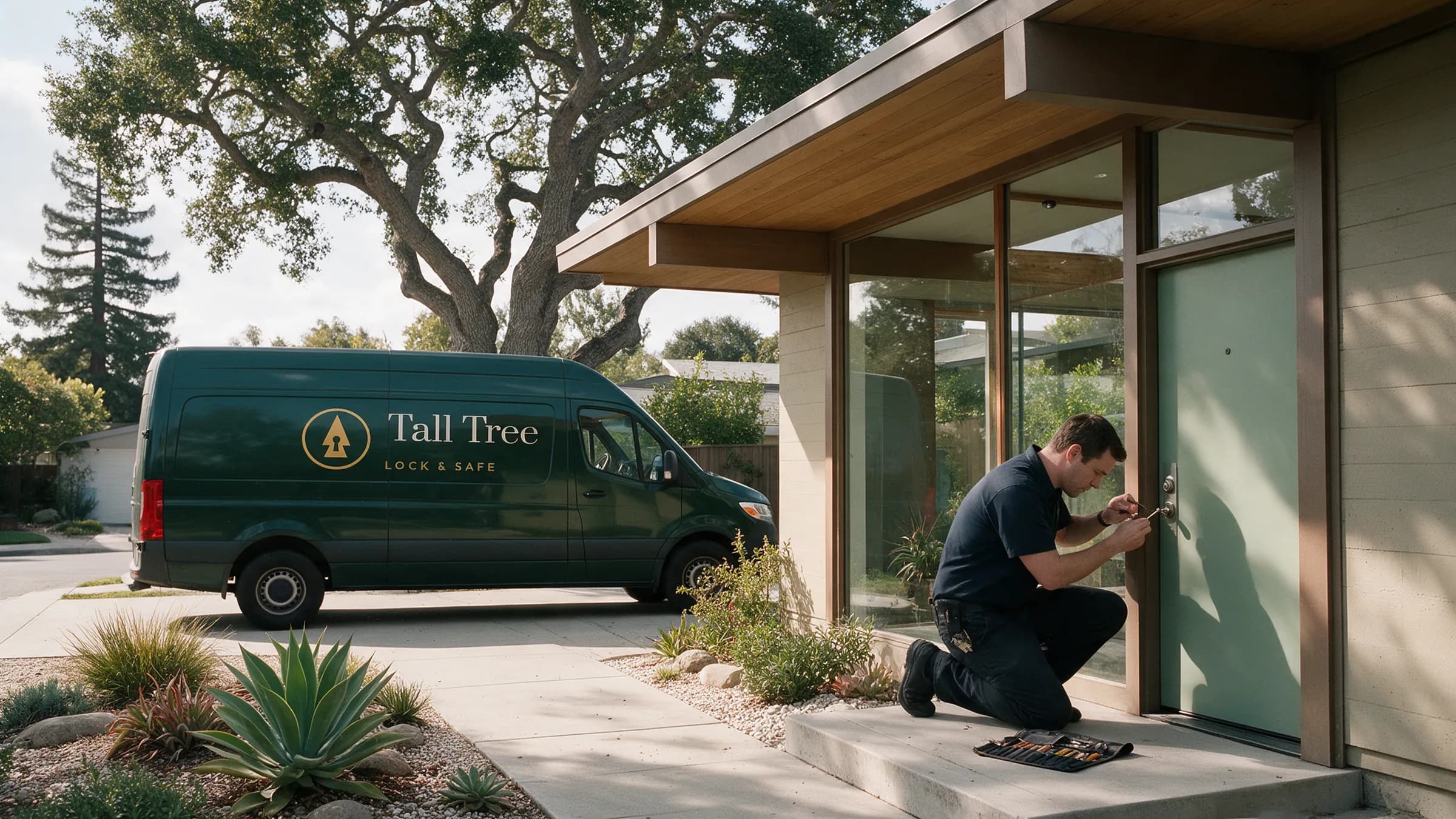 A locksmith kneeling at the front door of a flat-roofed mid-century Palo Alto house with floor-to-ceiling glass, working the deadbolt, tool roll on the step, white van under an oak and a redwood