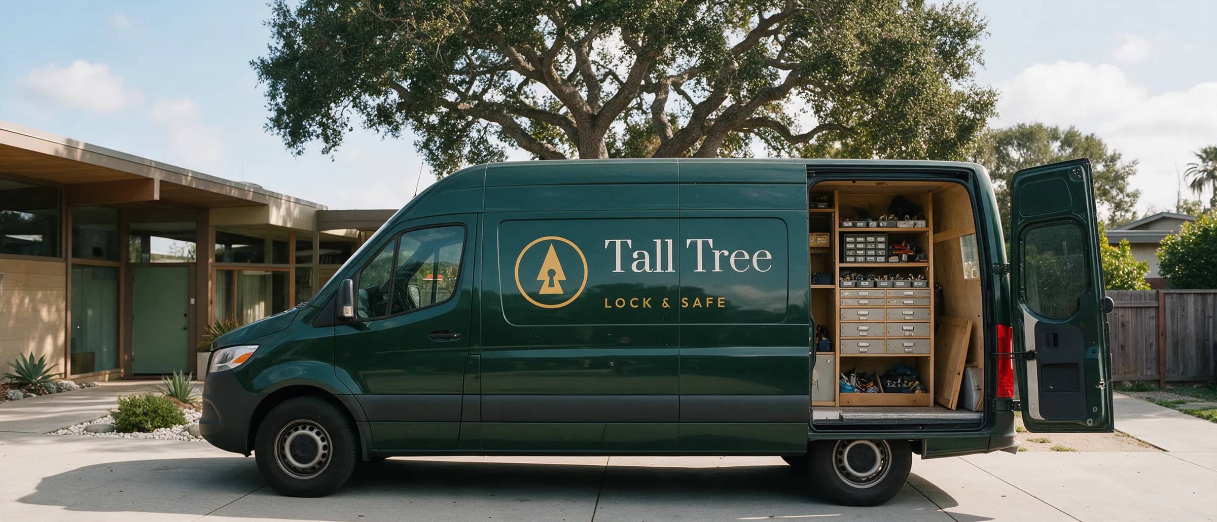 Tall Tree Lock & Safe van in the driveway of an Eichler in Palo Alto